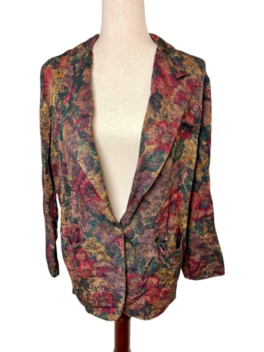 Vintage Michael Company Red Green Floral Tapestry Jacquard Blazer Jacket Medium